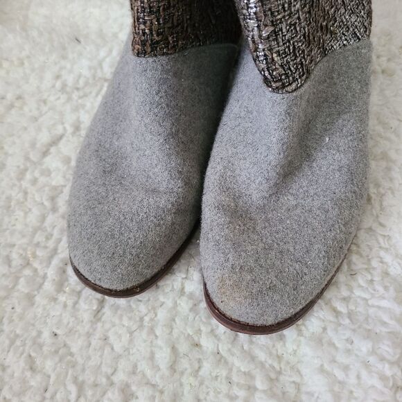 Toms Grey Bouclé Leila Ankle Block Heel Metallic Tweed Western Boho Boots - Picture 2 of 6